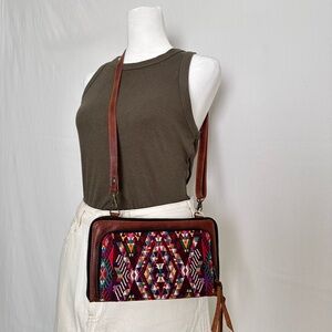 Handmade Leather & embroidered Textile crossbody bag Guatemalan